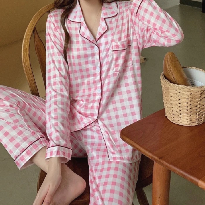 Ladies spring and autumn style net red printed plaid pajamas set lapel long-sleeved trousers 2-piece home service casual pajamas satin pajamas Pajama Sets