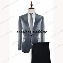 

Velvet Men Suits Silver Grey Slim Fit One Button Two Pieces (Jacket+Pants) Blazer Groom Tuxedos Business Party Wear