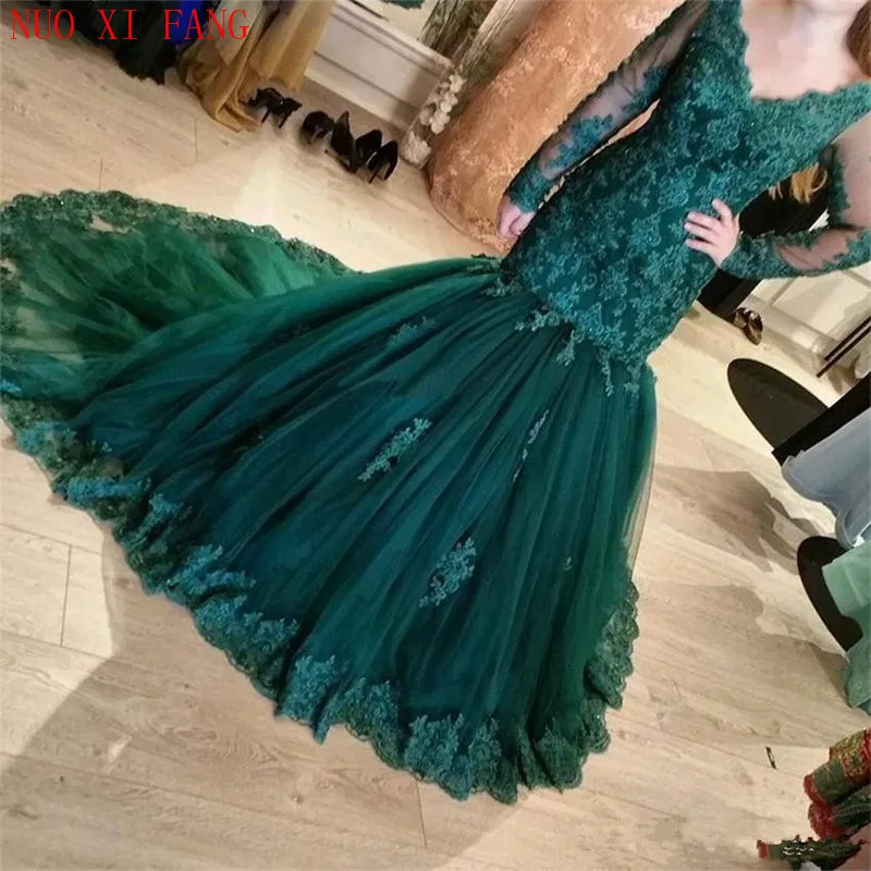 

NUOXIFANG Dark Green Lace Appliques Mermaid Evening Dresses Sexy V Neck Court Train Tulle Long Illusion Sleeves robe de soiree