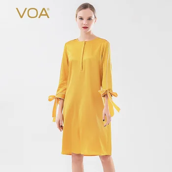 

VOA High-End Silk round Neck Filler Rolloff Lace-up Bow Fashion Olive Two-Color Capri Long-Sleeved Dress AD027