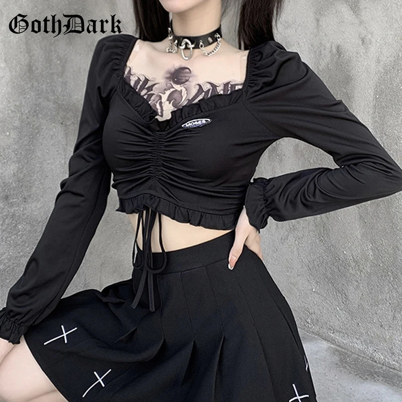 Женский винтажный Топ Goth Dark черный укороченный топ с завязками спереди и