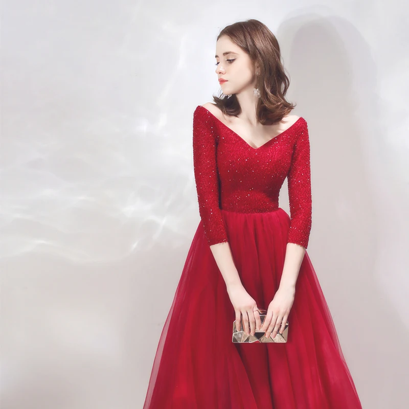 Бордовое вечернее платье с рукавами 3/4 для выпускного вечера Vestido de Festa robe de mariee robe для причастия девушки, вечернее платье с бусинами