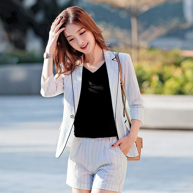Suit Set Stripes Shorts Spring And Summer New Style Three-quarter-length Sleeve Small Suit Women's Fashion Elegant Slimming Comm