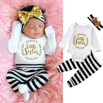 

0-12M Baby Girls Boys Clothes 3PCS Toddler Baby Girls Letter Print Top Pants Headband Stripe Outfits Set roupa infantil