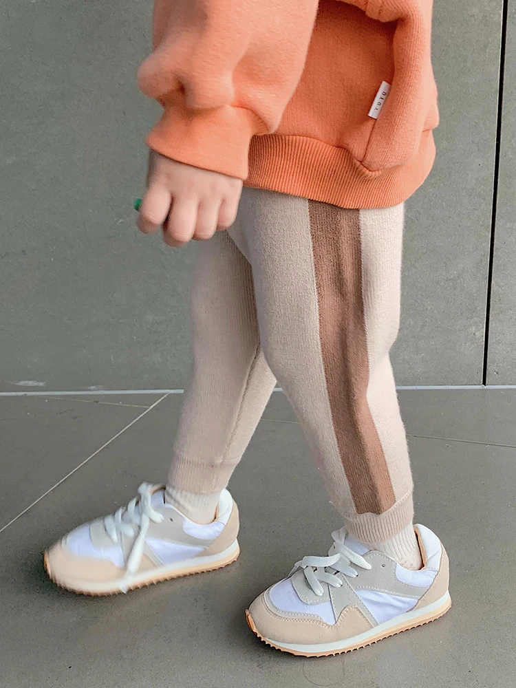 Beste Herfst en Winter Jongens en Meisjes Casual Katoen Kant Strip Mode Broek Baby Trui Rechte Broek Kinderen Gebreide Broek