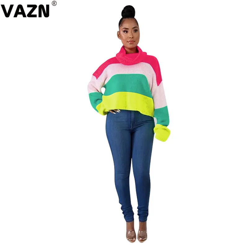 VAZN Striped Tall Neck Spring hot casual coat sweatshirt women full sleeve sweatshirt lady drop-shoulder short sweatshirt
