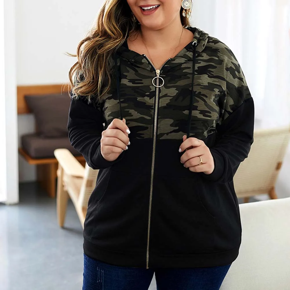 

Fadzeco Women Fashion Hooded Sweatshirt Plus Size Autumn Winter Camouflage Print Long Sleeve Zipper Sweatshirt Coat Outwear