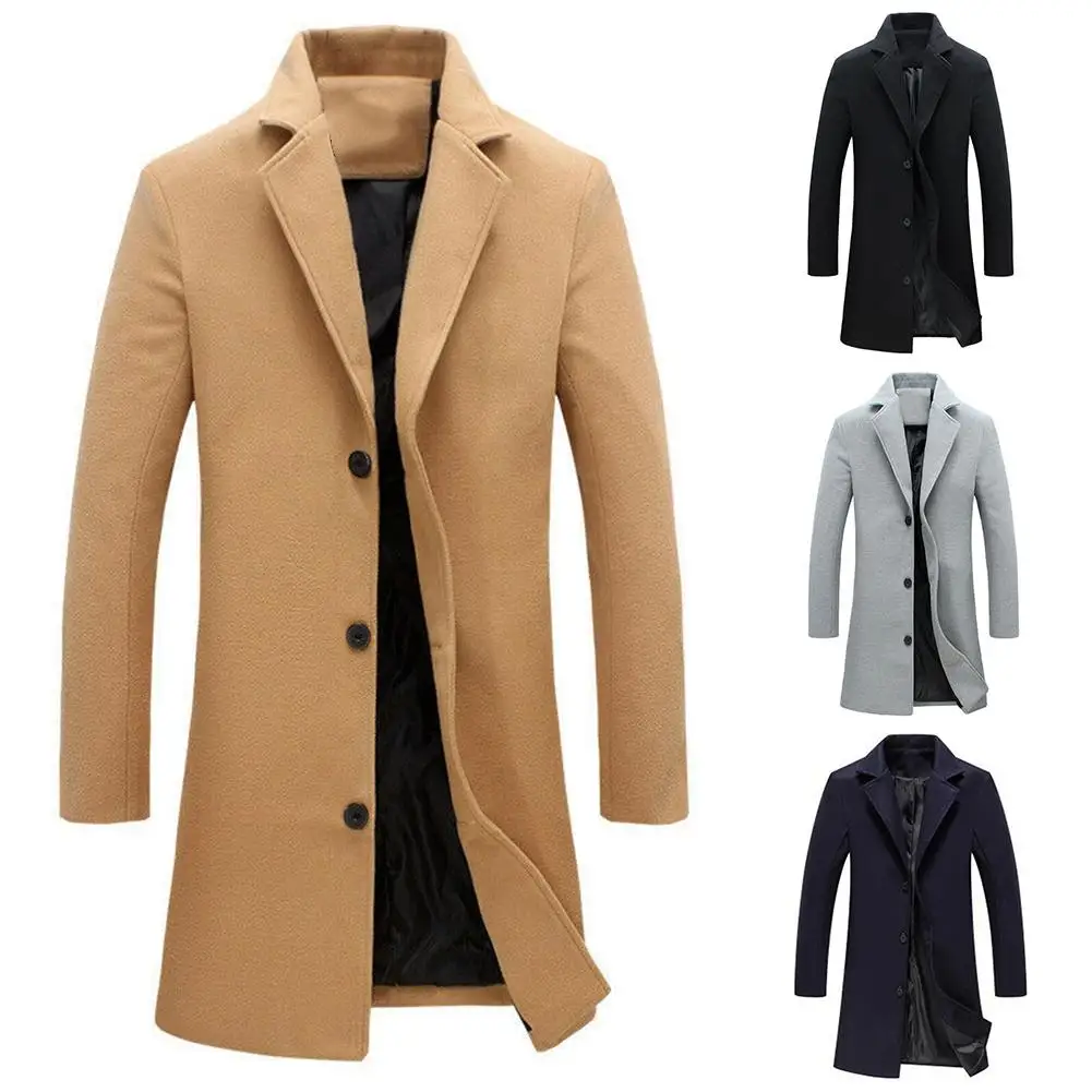 Men Wool Blends Coats Winter Long Coat Blends Solid Color Coat Men