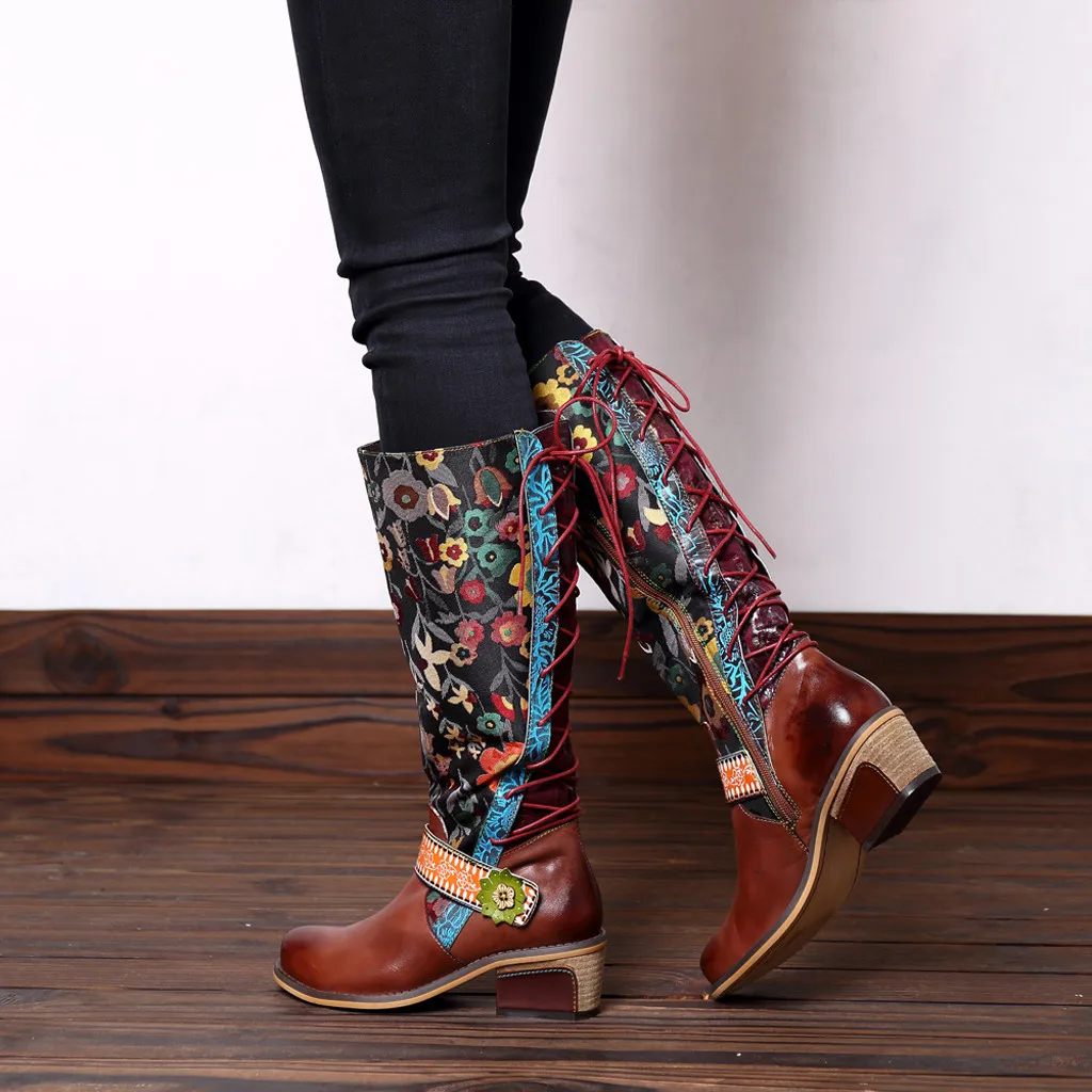 Высокие Сапоги выше колена в богемном стиле женские теплые сапоги до середины икры на молнии в винтажном стиле с цветочным узором в стиле ретро пикантная обувь на шнуровке