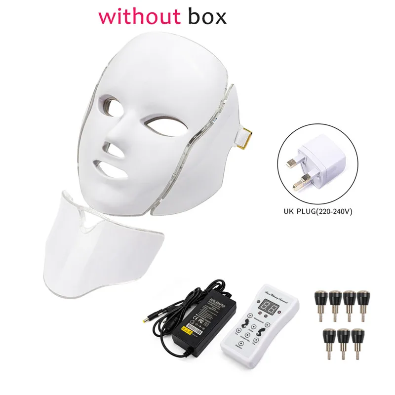 UK Plug withoutbox 7 цветов светильник светодиодный маска для лица с омоложением кожи шеи уход за лицом Лечение Красота анти акне терапия отбеливающий инструмент - Цвет: UK Plug withoutbox