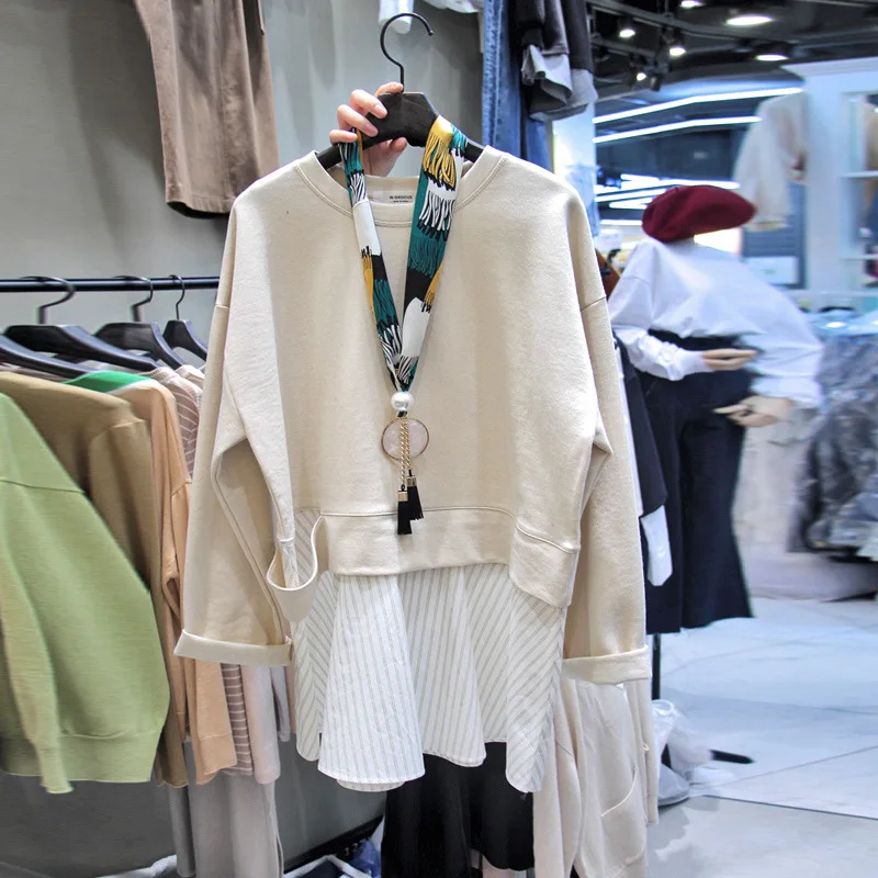 

Fall 2019 New Women's Crewneck Stripes Stitching False Two-Piece Turtleneck Long Sleeve Vest Pullovers Sweatshirt Women