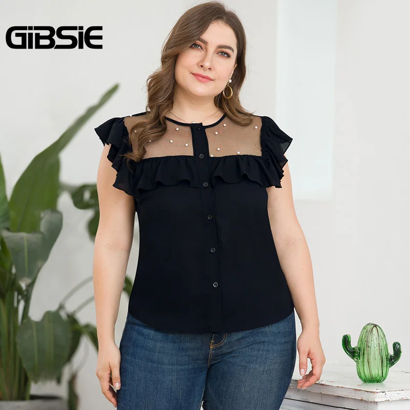 

GIBSIE Plus Size Elegant Beading Mesh Button Women Blouse Shirt Summer 2019 Ruffle O-Neck Sleeveless Ladies Tops And Blouses