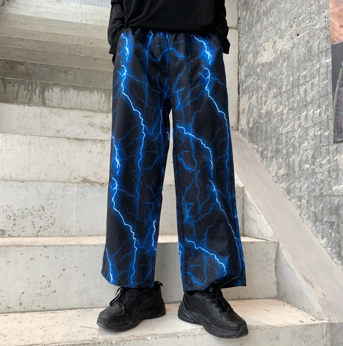 Summer ins super fire lightning printing Harajuku bf wind high street wide leg pants straight casual trousers men and women tide