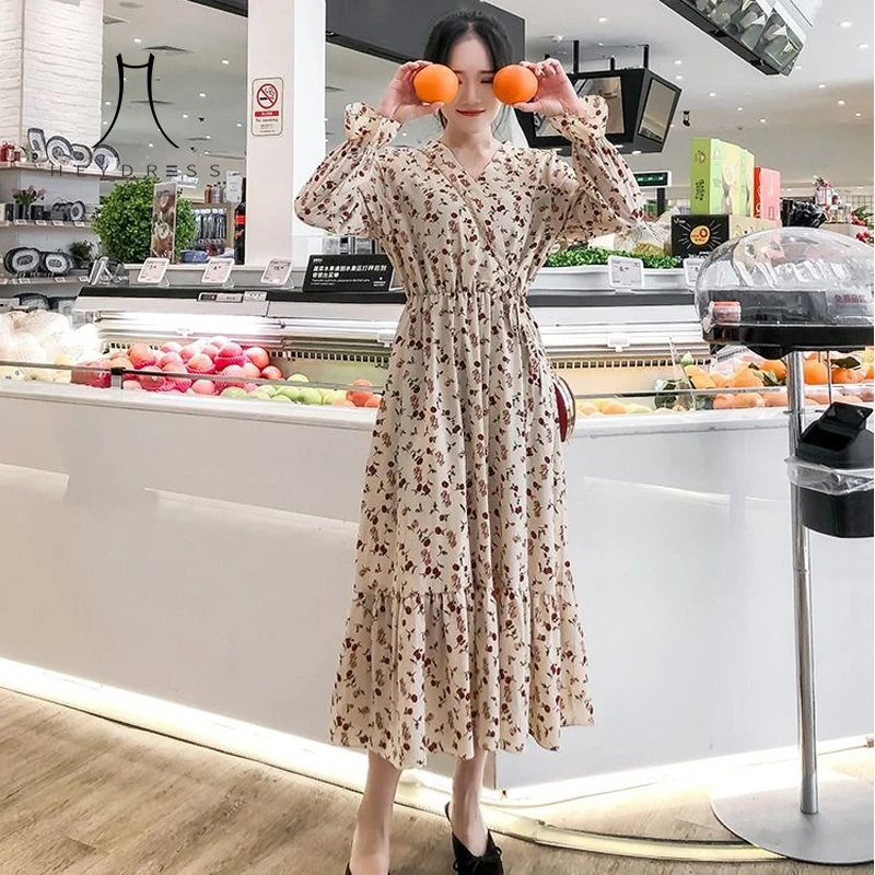 

Heydress 2019 Autumn Elegant Printed Women Dress Lady High Waist A-line Ruffle Dress Female V-neck long sleeve Vestidos