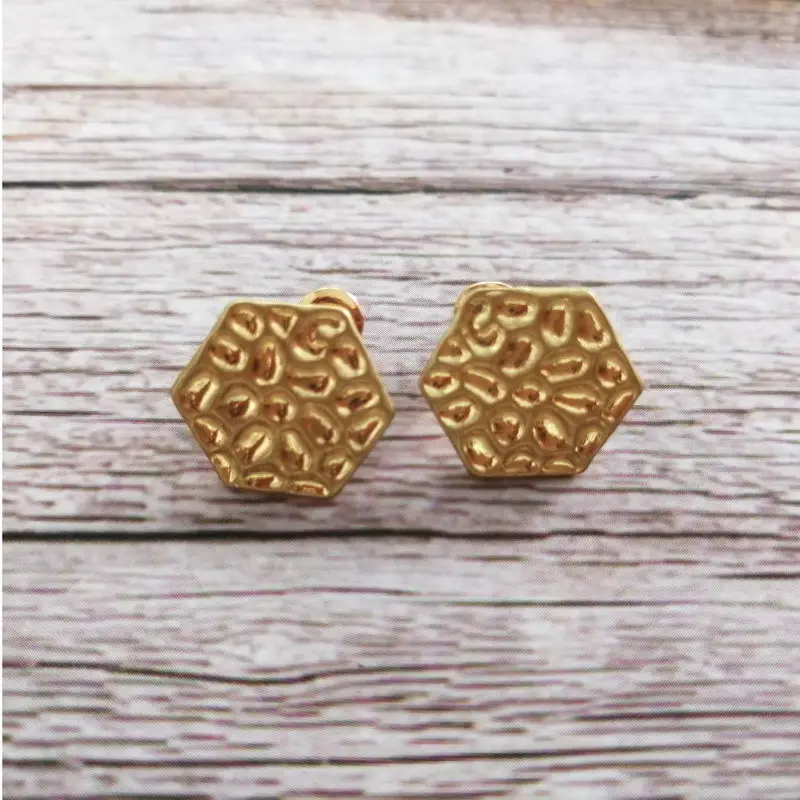 Hammered Geometric Metallic Button Studs Earrings for Women Hexagon | Украшения и аксессуары