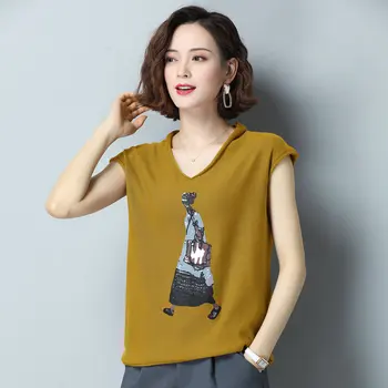 

Fashion Women Summer Cotton Blouses Figure Printing Red Blue Khaki Green Blue Purple Cap Sleeve V-neck Top Female Casual Blouse