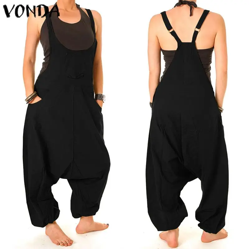 Винтажный комбинезон, летние комбинезоны, женские костюмы VONDA, повседневный свободный костюм пляжного типа без рукавов с открытой спиной, большие размеры, женские шаровары