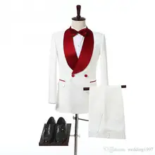 Двубортные Свадебные смокинги для жениха, Красная шаль с отворотом, два предмета, на заказ, формальные мужские костюмы(куртка+ брюки