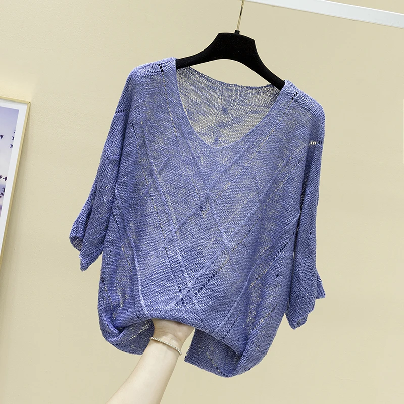 

and summer 2021 new V-neck loose and light mature women's blouse sleeve thin foreign air hollow knitted base coat