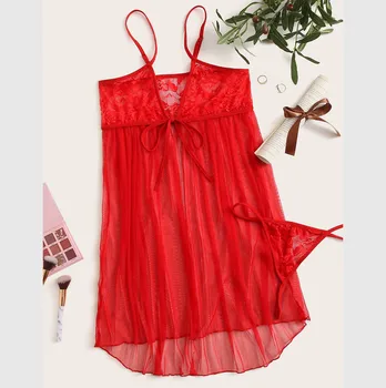 

New Women's Sexy Nightdress Christmas Lace Gauze Gown Bikini Pajama Thong V-Neck Mini Skirt 2020