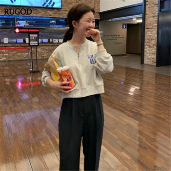 

RUGOD 2019 New Autumn Women Solid Letter Print Short Sweatshirt Pullover Zipper Loose Slim Female Sweatshirt Simple Casual Tops