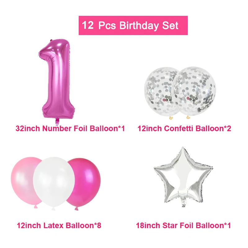 12pcs Pink Number Foil Balloon Birthday Party Decoration Latex Balloons Kids Baby Girl 1 2 3 4 5 6 7 8 9 Years Old 1st Birthday