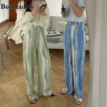 

Bornladies Women Summer Elastic High Waist Color Bar Long Wide Leg Pants Pleated Casual Loose Mopping Trousers