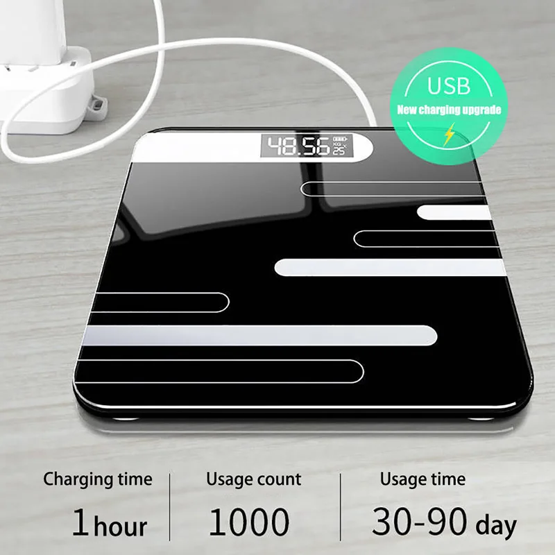 Дешево Новые напольные весы для ванной комнаты, стеклянные умные электронные весы, зарядка через usb, ЖК дисплей, взвешивание тела, цифровые весы для...