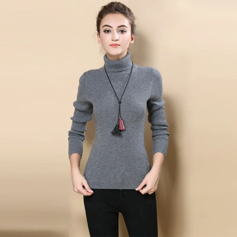 Осень-зима, кашемировый свитер с высоким воротом, Женский приталенный пуловер, однотонный вязаный свитер, женские свитера с высоким воротом - Цвет: grey