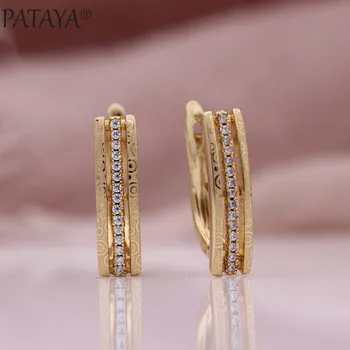 

PATAYA New 585 Rose Gold Dangle Earrings Single Row White Round Natural Zircon Women Unique Fashion Jewelry Pattern Seal Earring