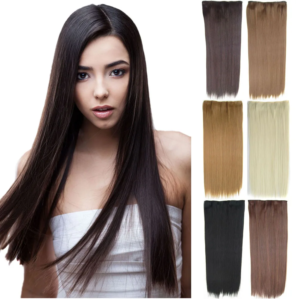 GIRLSHOW 10pcs Long Straight 24" Synthetic Clip-in One Piece 5 Clips In Hair Extensions For Women Black Brown | Шиньоны и парики