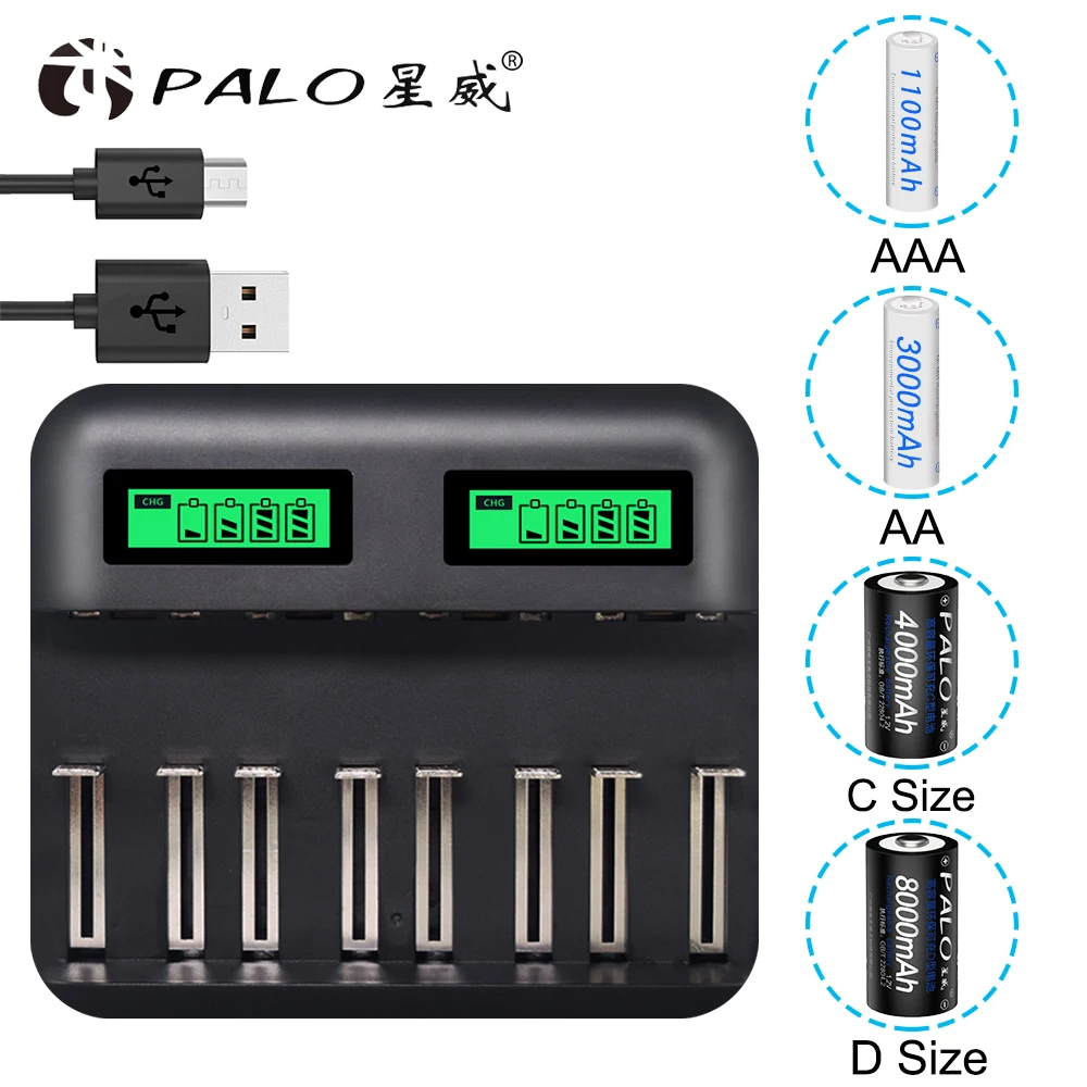 4 шт D размер перезаряжаемая батарея Тип D 1,2 V Ni-MH 8000mAh+ USB жидкокристаллический смарт-дисплей зарядное устройство для аккумуляторов AA AAA SC C D