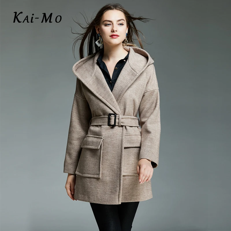 KAI-MO Женская с длинным рукавом размера плюс шерстяная клетчатая с капюшоном куртка и пальто