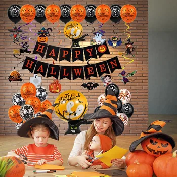 

Halloween Balloons Decoration Witch Pumpkin Ghost Printing Accessories Household Wall Room Party Air Globos Rave Festival Set