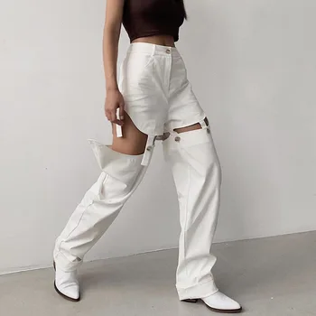 

Hollow Out Patchwork White Trousers Ladies Detachable Buttons High Waist Cargo Pants Baggy Straight Pants Joggers Woman 2020