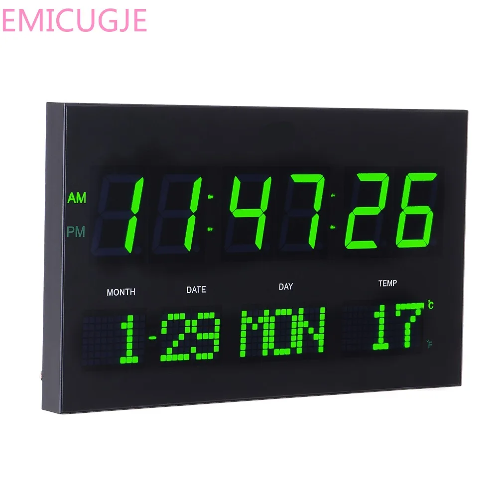 

6 digits time display LED digaital wall clock with calenders,week display Linving room modern design digital thermometer clock
