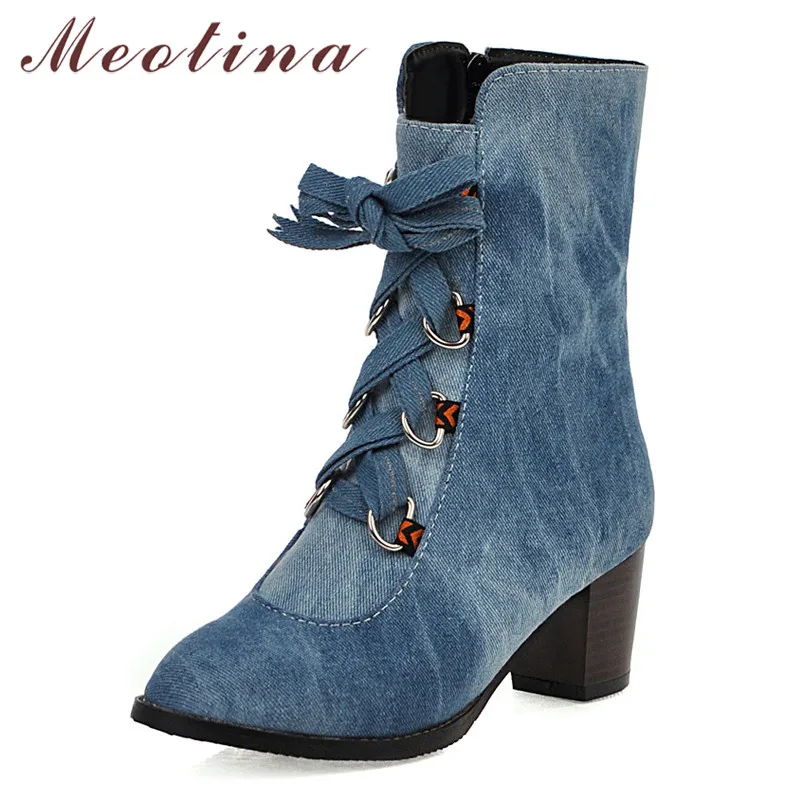 Meotina/женские ботинки Зимние ботильоны Джинсовые короткие на молнии Высоком