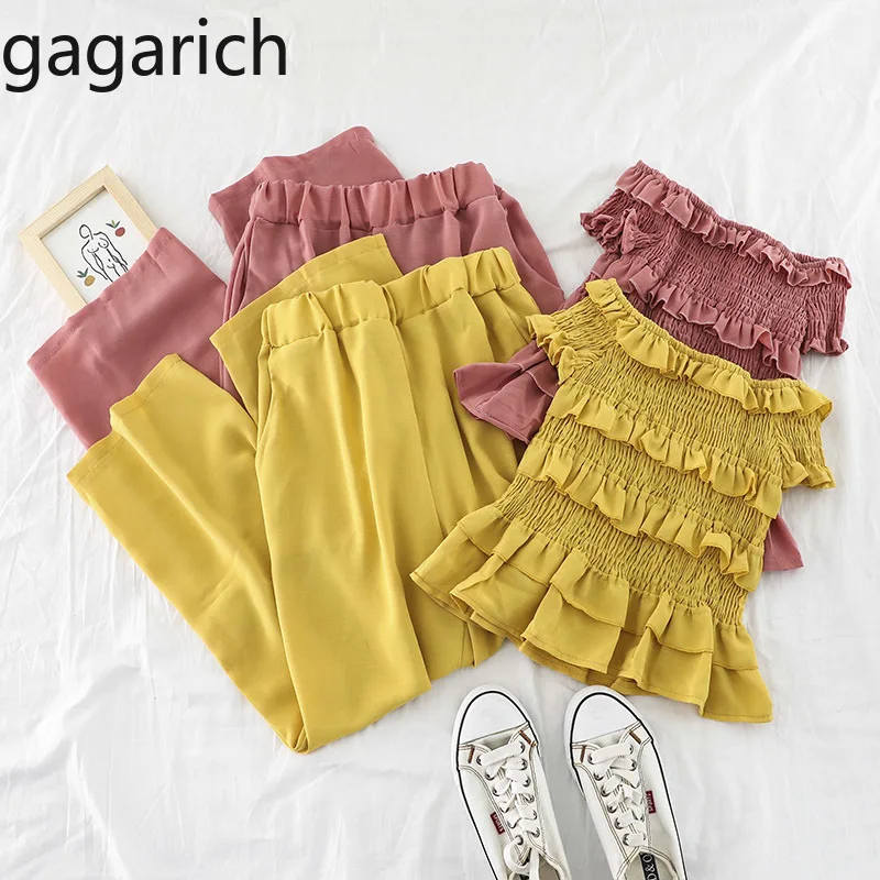 Gagarich Women Summer Two Piece Set Chic Off Shoulder Short Slim Ruffles Tops High Waist Wide Leg Pants Elegant Solid Suits | Женская