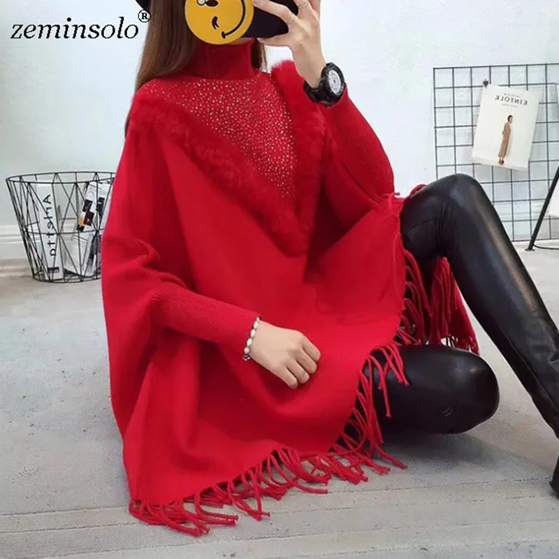 Красный Водолазка пуловер пончо Pull Femme осень зима свитер с длинными рукавами Модные V свободные однотонные трикотажные пашмины Шарфы Шали - Цвет: Красный