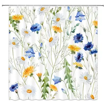 

Watercolor Floral Shower Curtain Blue Yellow Flower Green Leaves Spring Plants Decor Fabric Bathroom Curtains,Polyester with