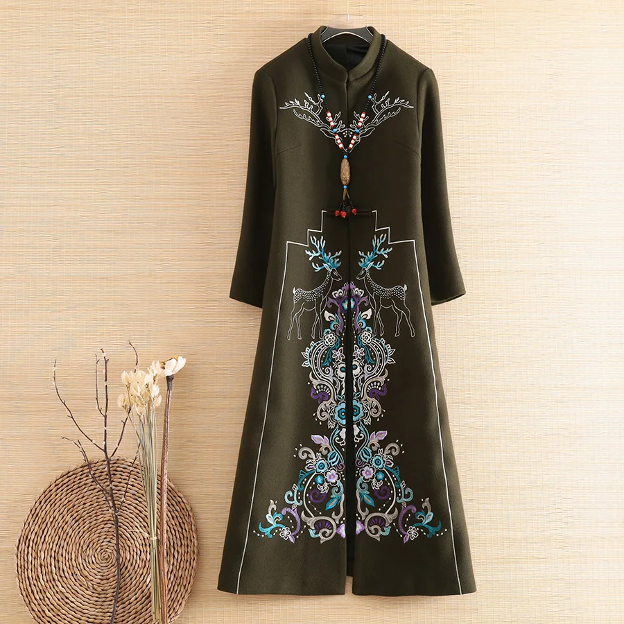 

High-end Autumn Winter Trench Coats For Women Parka Vintage Wool Embroidery Floral Fawn Outerwear Female S-XXL