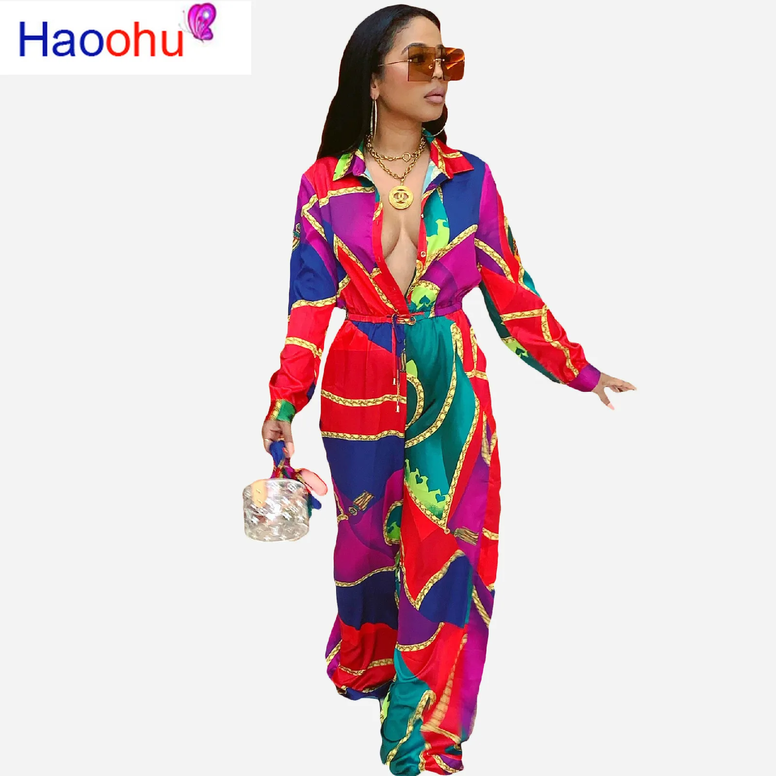 

HAOOHU 2019 summer hot sale women long sleeve lapel single-breasted printed sashes holiday wind loose jumpsuits long pants