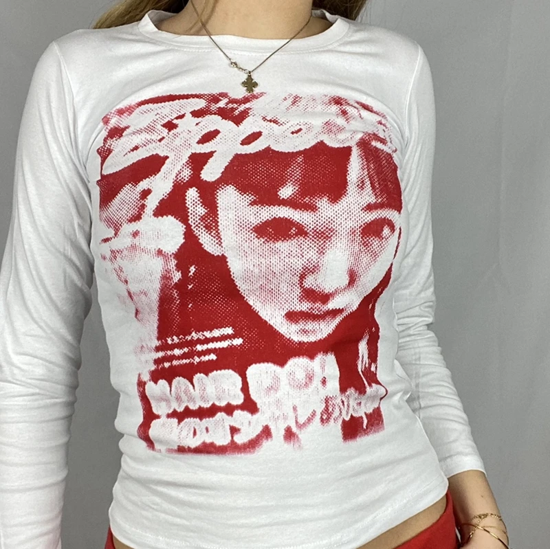 女性用ゴシックプリントtシャツ 長袖タイトトップス Y2k美的tシャツ レディース原宿ストリートウェア T Shirts Aliexpress