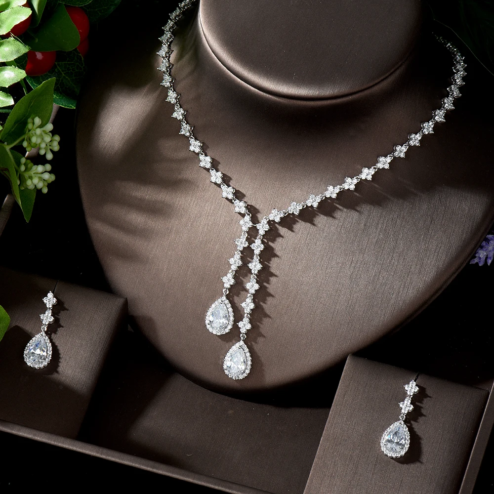 Hiневесты мода кубического циркония капли воды кулон ожерелье и серьги свадебные
