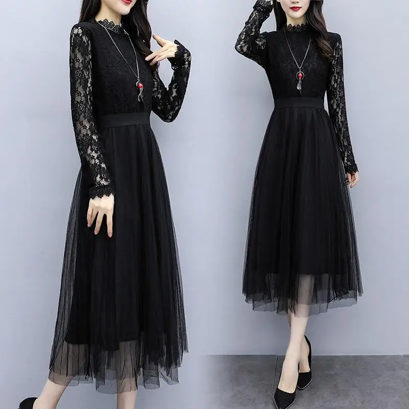 

Autumn 4XL Plus Size Lace Woman Dress Elegant Long Sleeve Large Size Dress Elastic Waist Mesh Long Party Dress Big Size Vestidos