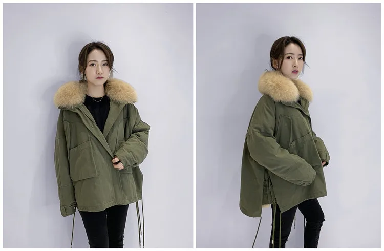 Женская парка, пальто из натурального меха, зимняя куртка, Женская куртка из натурального меха енота, подкладка из кроличьего меха, корейская мода, съемная