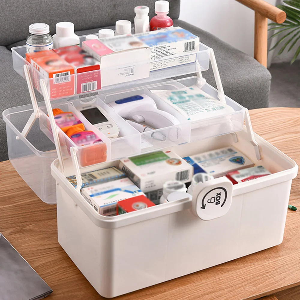 

3 Layers Folding Lockable Portable Large Capacity Medicine Box First Aid Kit Multifunctional Medicine Storage Bin Container