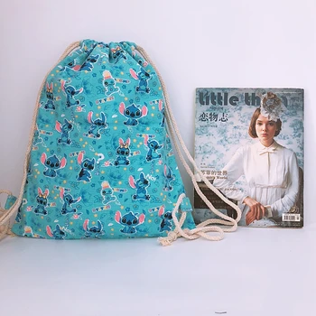 

LISM Blue STITCH Fashion Canvas Backpacks Cartoon Drawstring Backpack Casual String Bags shopping Knapsack Unisex