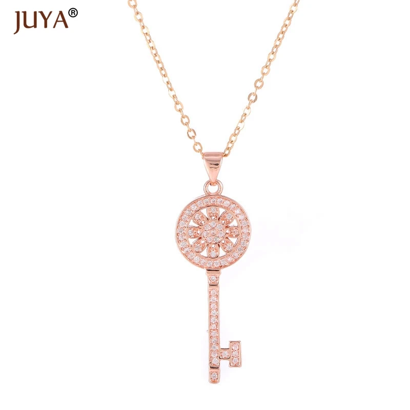 fashion statement necklaces for women Luxury Jewelry Copper Zircon Rhinestone Key Pendants Necklace Silver Femme - Metal Color: rose gold