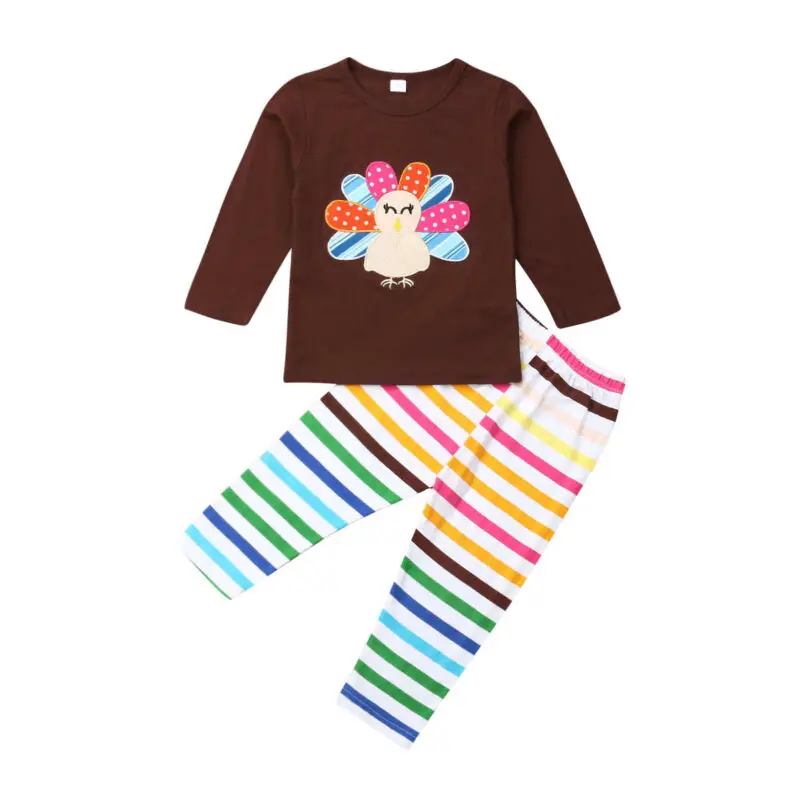 

2019 Brand Kids Baby Girl Long Sleeve Tops T-shirt +Striped Pants Leggings 2pcs Thanksgiving Clothes